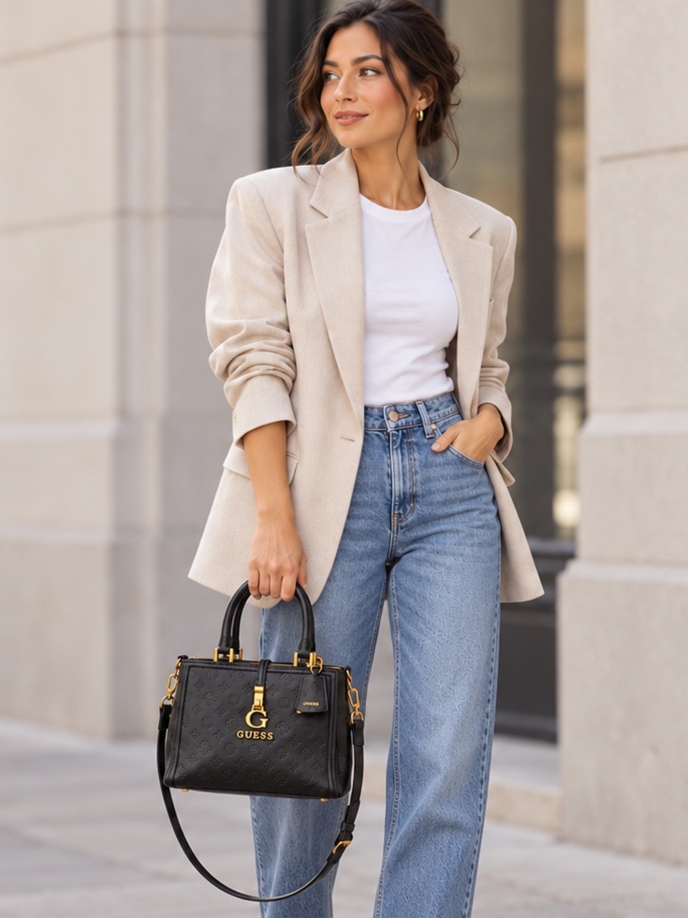 GUESS Black Embossed Logo Satchel | Chic Classic Handbag Everyday Bag